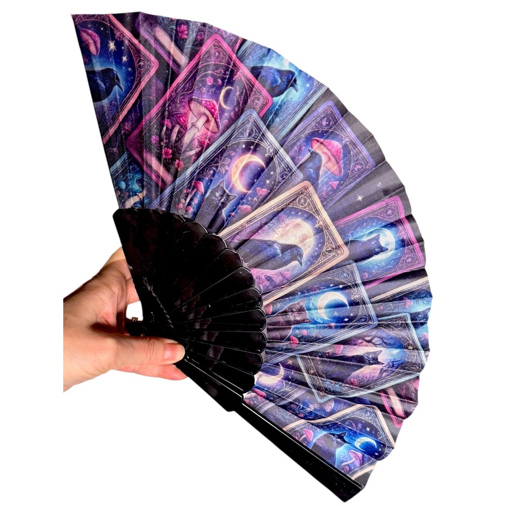 Black Cats Raven Moon Tarot Accordion Handheld Fan Gothic Celestial 9x15 Black